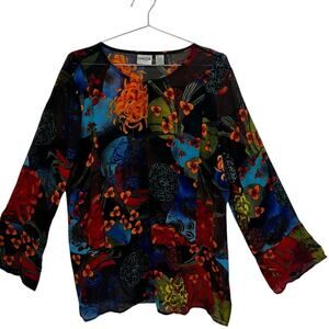 Chico’s 100% Silk Sheer Floral Blouse – Size 3 (XL/16) Vibrant Multicolor Tunic